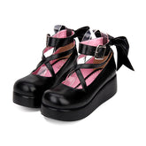 Süße Lolita-Schuhe mit runder Spitze, flacher Öffnung und Schleife und mittlerem Absatz